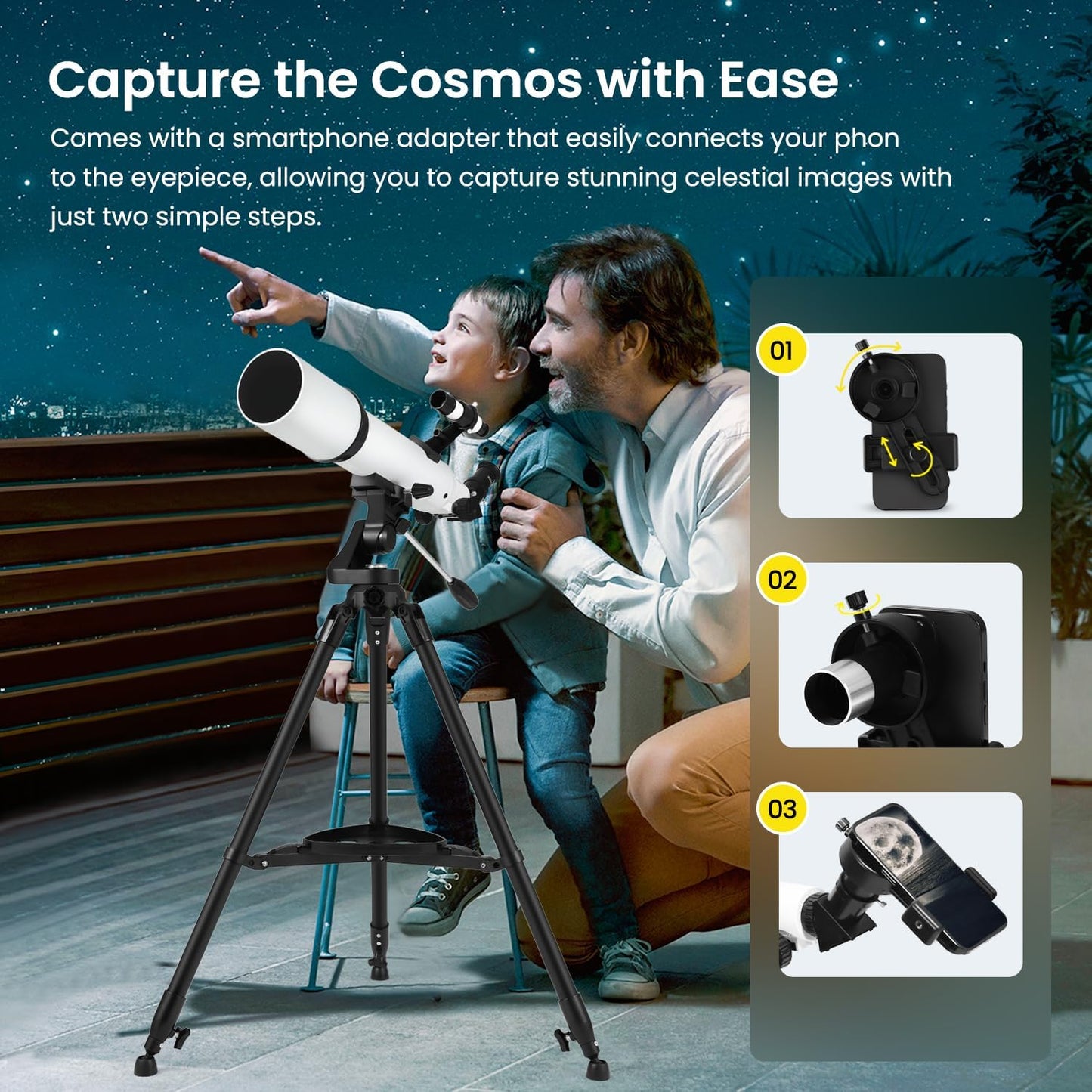 ESAKO Telescope for Adults & Kids, Astronomical Portable 80mm Aperture Beginners Telescope with Phone Adapter, Wireless Remote & Carry Bag