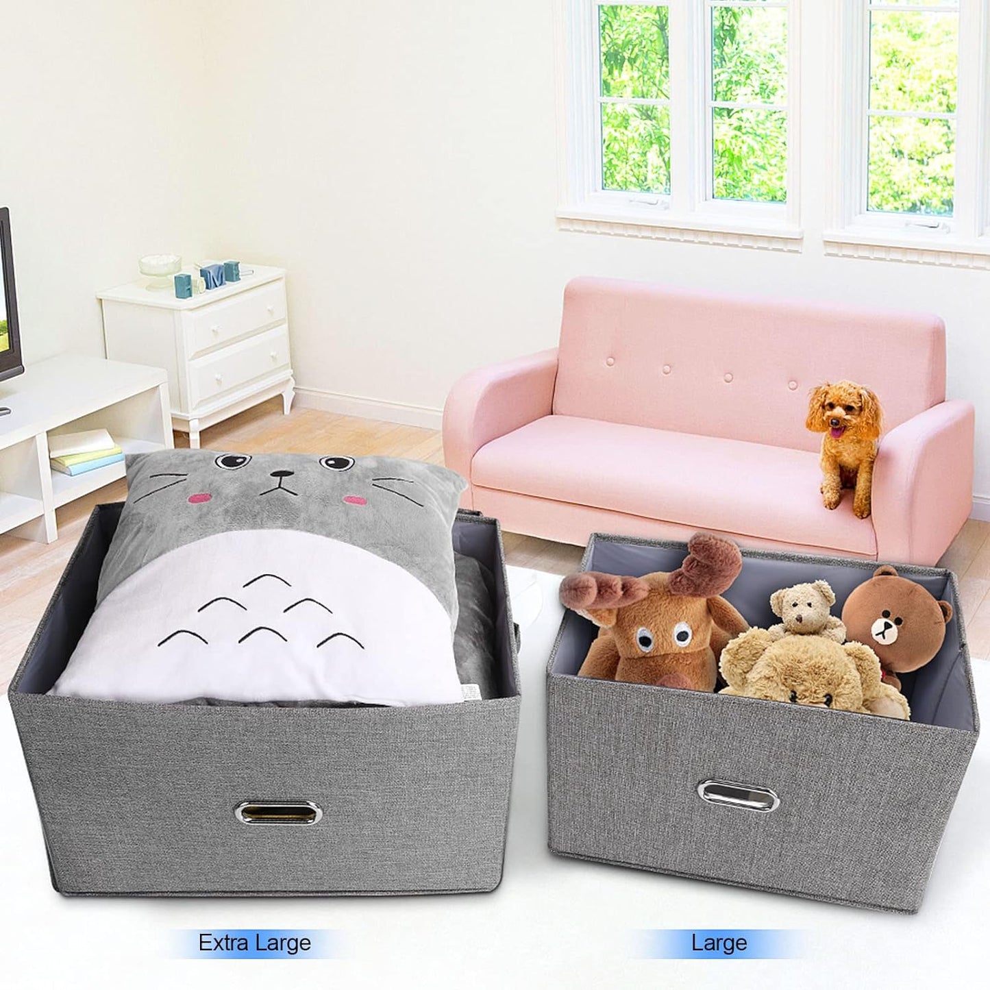 Large Linen Fabric Foldable Storage Bins with Removable Lid and Handles, Washable Storage Box Organizer Containers Baskets Cube with Cover for Bedroom,Office(Black, Extra Large(2-Pack))