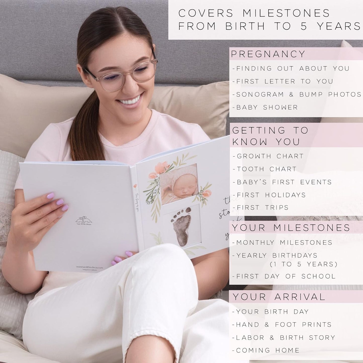 Baby Memory Book for the Modern Minimalist - Simple Baby Book for Girl - First Years Journal - Monthly Milestone Keepsake Record Book - Pregnancy Gift for Baby Shower (Pink)