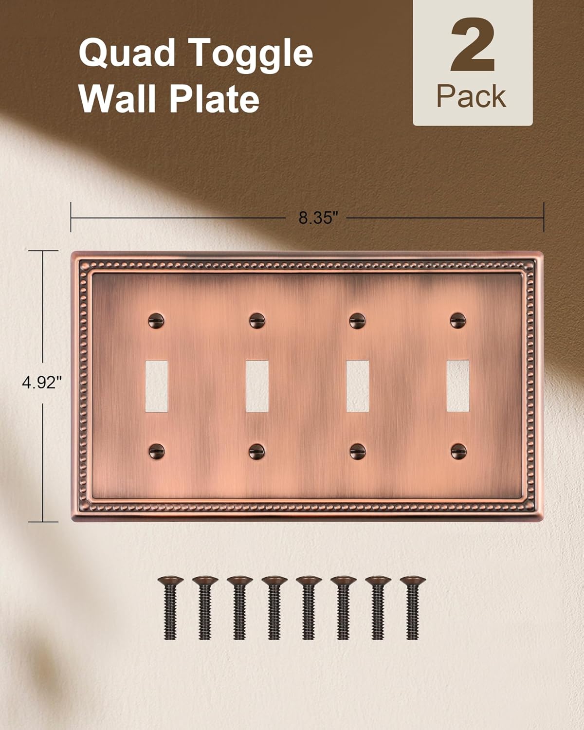 2-Pack Quad Toggle Light Switch Cover Plate, 4 Gang Metal Switch Plate Covers, Antique Copper Pearls Decorative Wall Plate, Corrosion Resistant