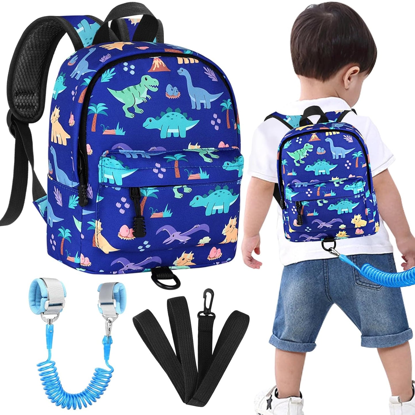 Accmor Toddler Backpack Leash, Cute Dinosaur Kids Backpack with Anti Lost Wrist Link, Mini Child Backpack Leash Walking Harness for Outdoor Travel, Adorable Backpack Tether for Baby Boys 1-3