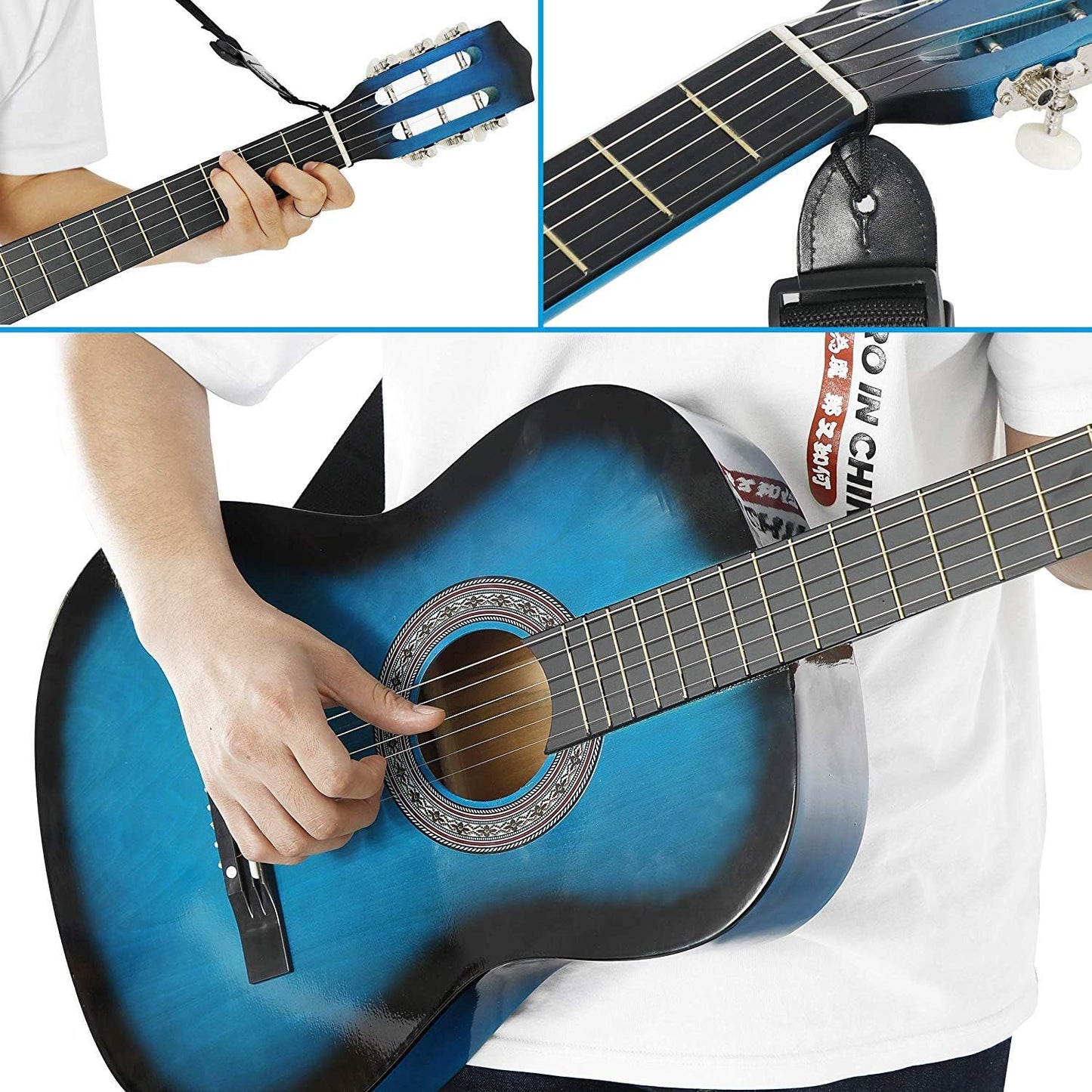 Smartxchoices 6 String 38" Acoustic Guitar w/Gig Bag Strap Pitch Pipe Extra Strings Set Pick for Kids Beginners Starter Youths Students Right-handed（Blue）