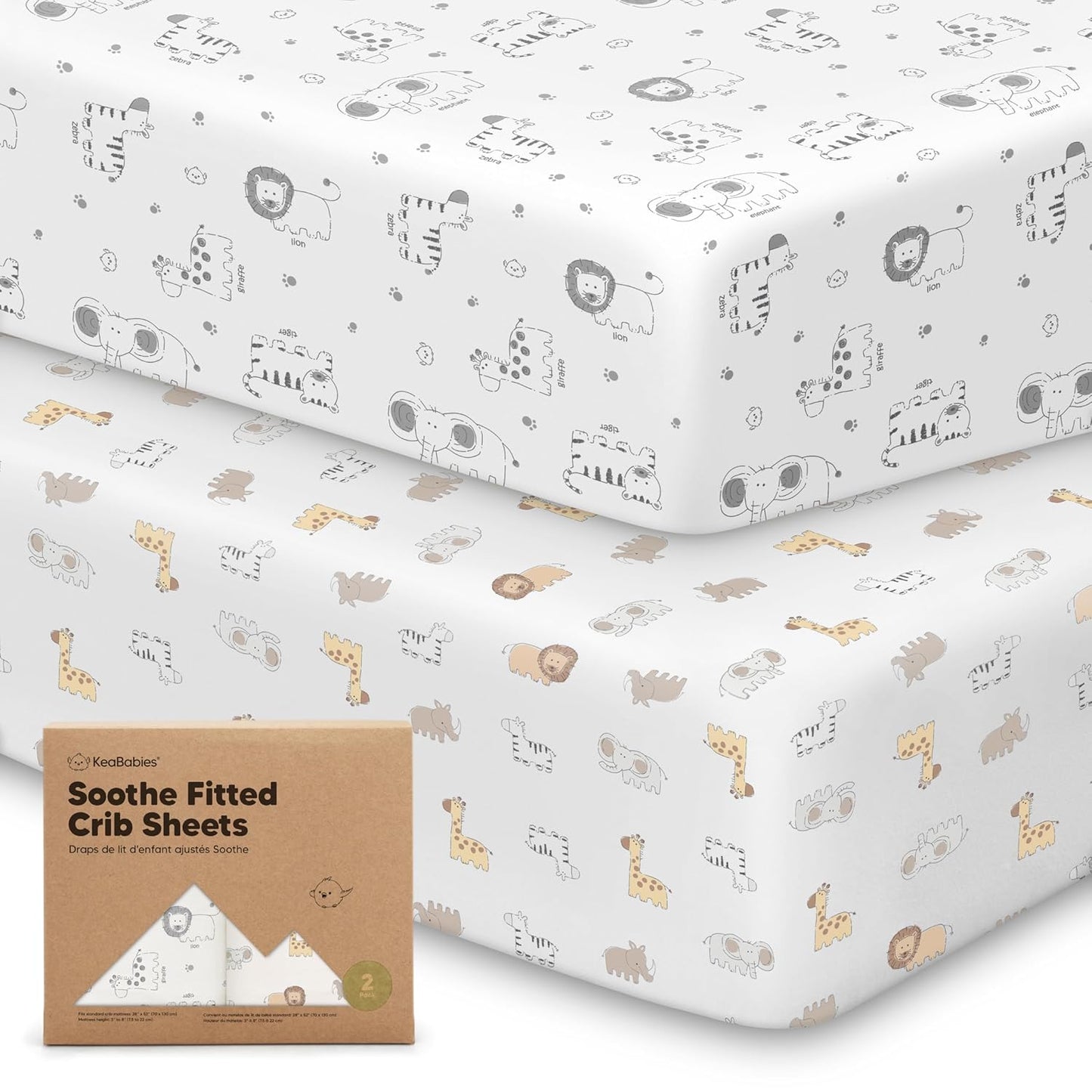 KeaBabies 2-Pack Organic Crib Sheets for Boys, Girls - 52x28 Fitted Crib Mattress Sheet Neutral, Breathable Jersey Cotton Cover for Baby Bed, Toddler Mattress, Soft & Cute Prints (KeaSafari)