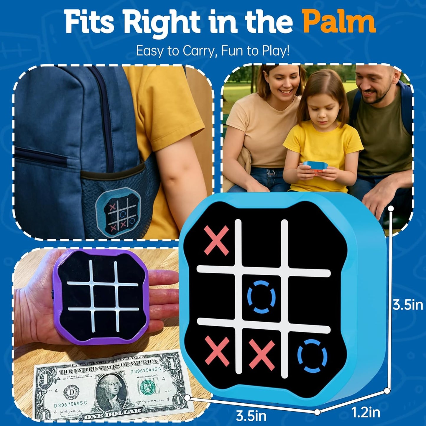 3 in 1 Electronic Tic Tac Toe Game, Handheld Digital Tic Tac Toe Bolt Game with Silent Mode, Portable Learing Toy Gift for Kids & Adults, Blue (One Pack)