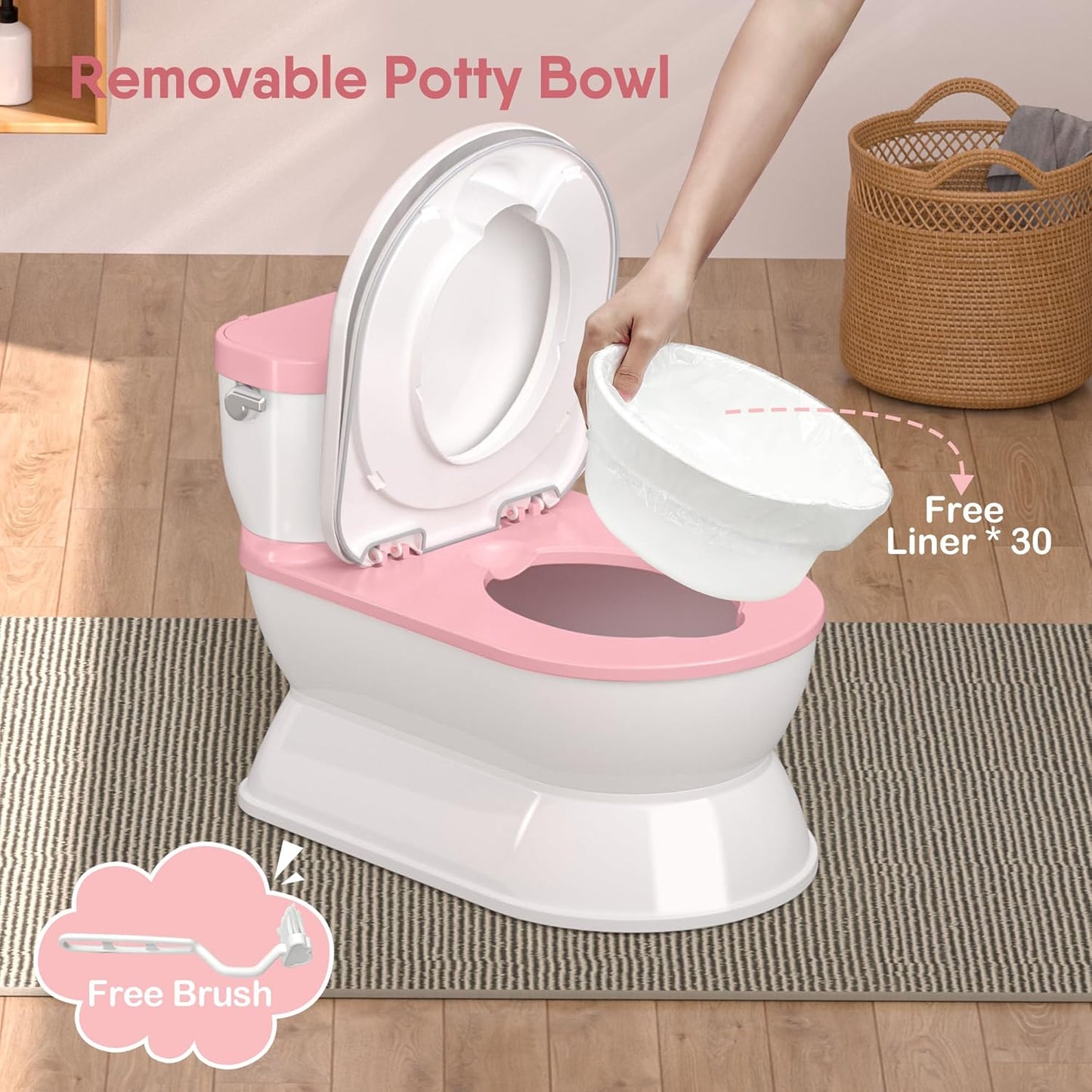 2-in-1 Toddler Potty Training Toilet - Larger Potty Chair & Detachable Training Seat for Boys & Girls Ages 1-3 with Flushing Sound, Wipes Storage, Toilet Paper Holder - Pink