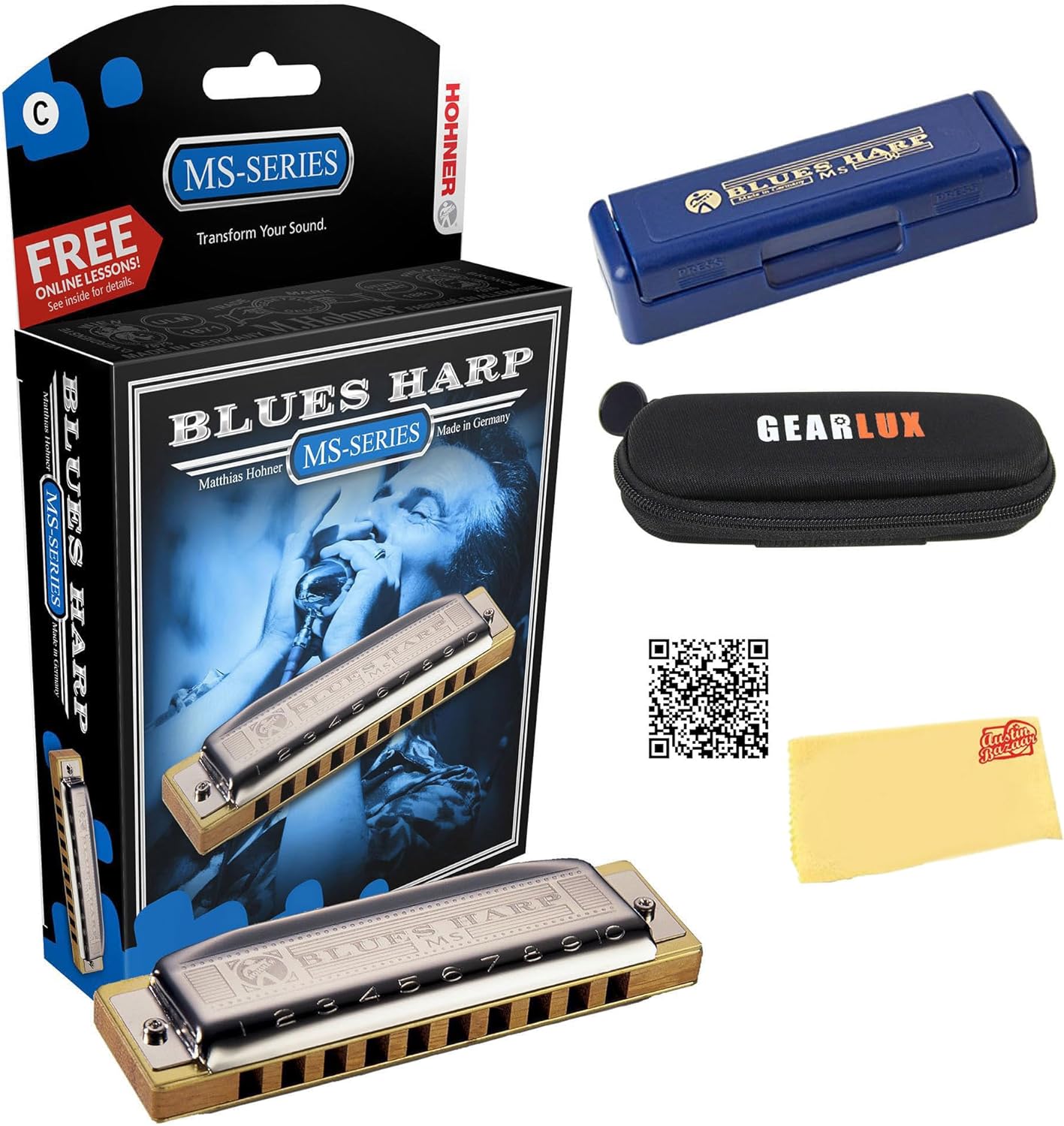 Hohner Harmonica 532 Blues Harp MS - Key of G Bundle with Case, Pouch, Harmonica Beginner Online Manual, and Austin Bazaar Polishing Cloth