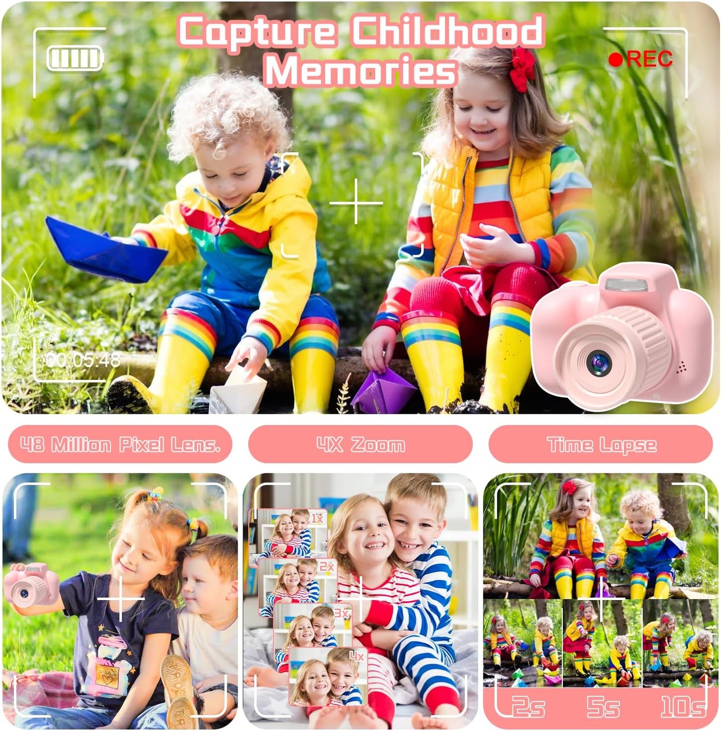 Temodu Kids Camera, Best Birthday Festival Toys Gifts for Girls Boys Age 3 4 5 6 7 8 9 10 11 12 Year Old, Digital Camera for Kids with Video, Toy Camera Toddler Camera for Girls with 32GB Card - Pink