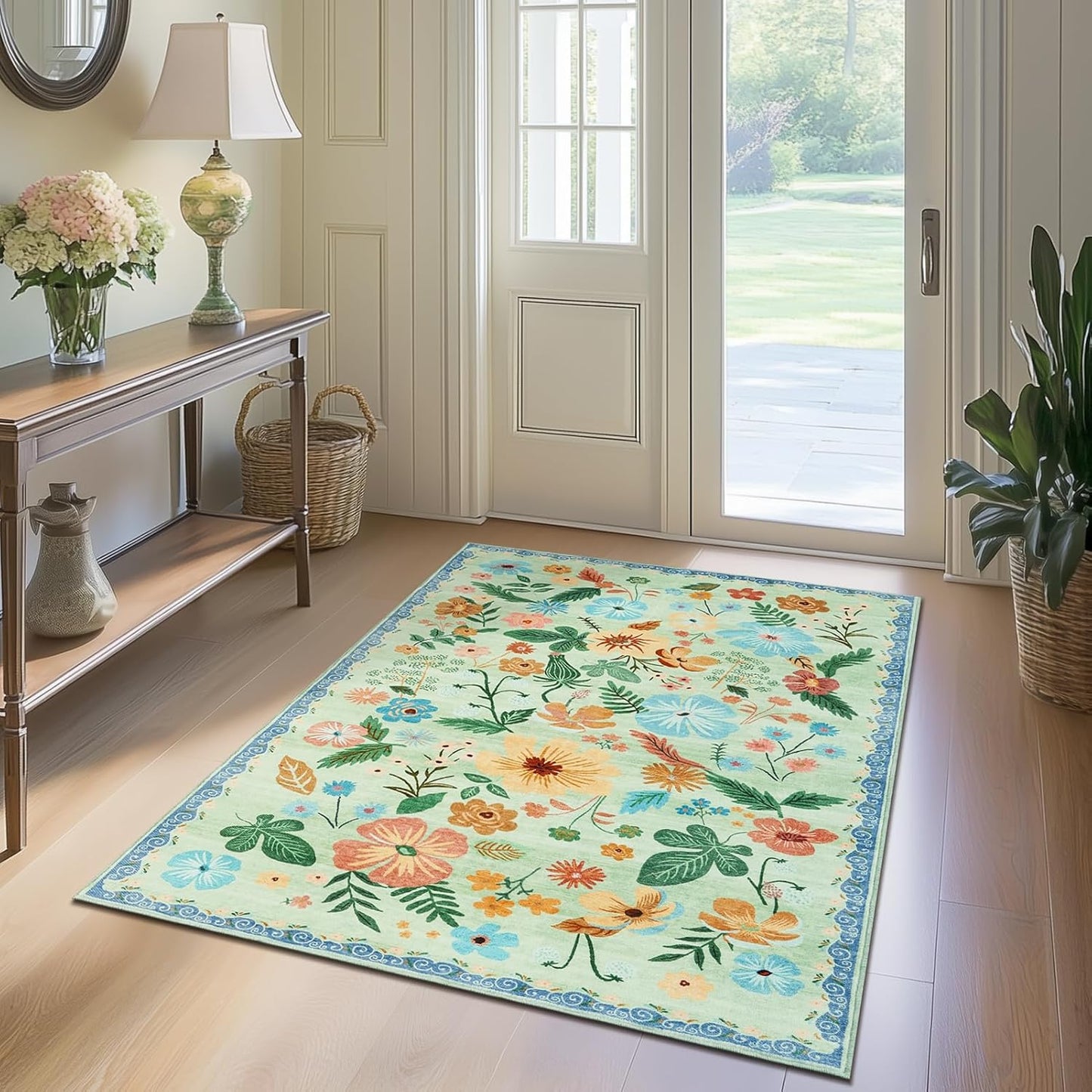 3x5 Rug for Living Room Washable Non Slip with Rubber Backing Soft Faux Fur Low Pile Stain Resistant Small Area Rug 3x5 Boho Vintage Floral Carpet Rug for Bedroom Kitchen Entrance，Green