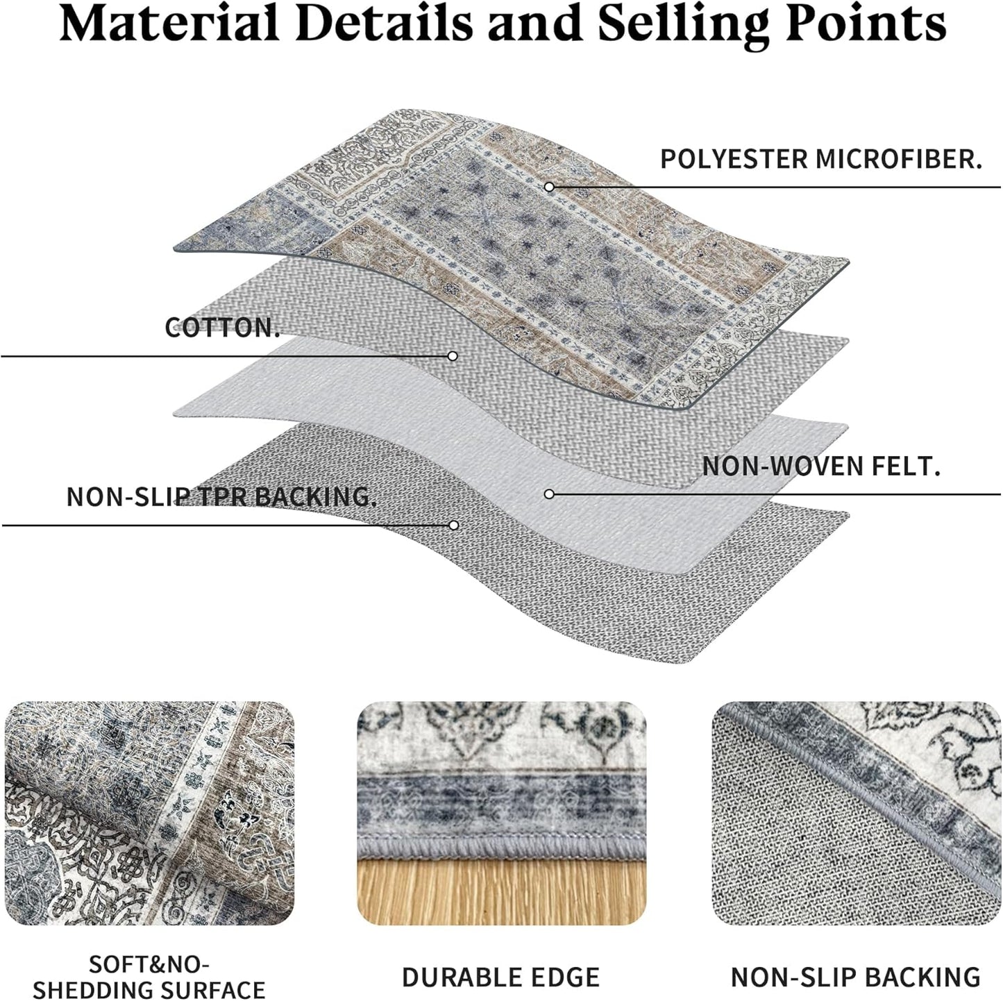 9x12 Area Rug Washable: Oriental Soft Area Rug for Living Room Bedroom No Shedding - Low Pile Thin Carpet Rug for Dining Room Non Slip - Boho Vintage Rug for Home Decor - Blue Grey