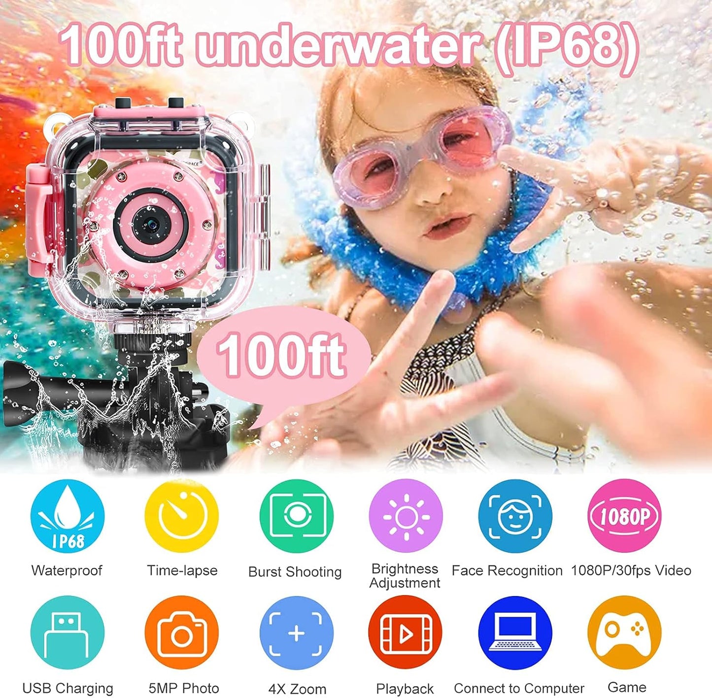 PROGRACE Kids Camera Waterproof- Children Digital Video Cameras Underwater Camera Chrismas Birthday Gift Toy for Kids 1080P DV Toddler Cameras for Girls Pool Toys Age 3-12