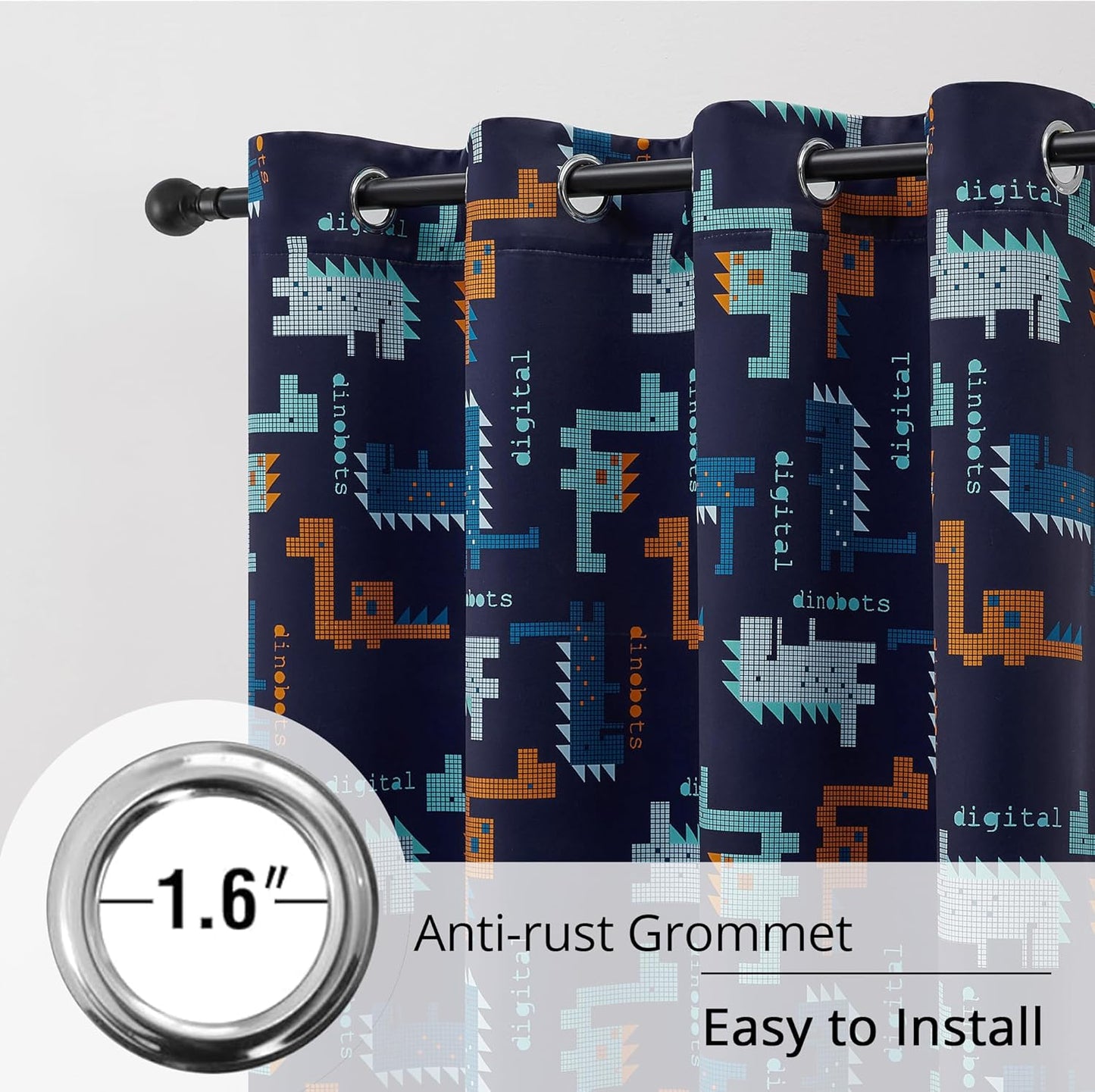 Kids Blackout Curtains - Pixel Dinosaur Curtains, 100% Blackout, 2 Panels, Each W52×L84, Thermal Insulated, Noise Reducing for Kids Bedroom, Bring a Playful and Retro Touch to Your Child’s Room