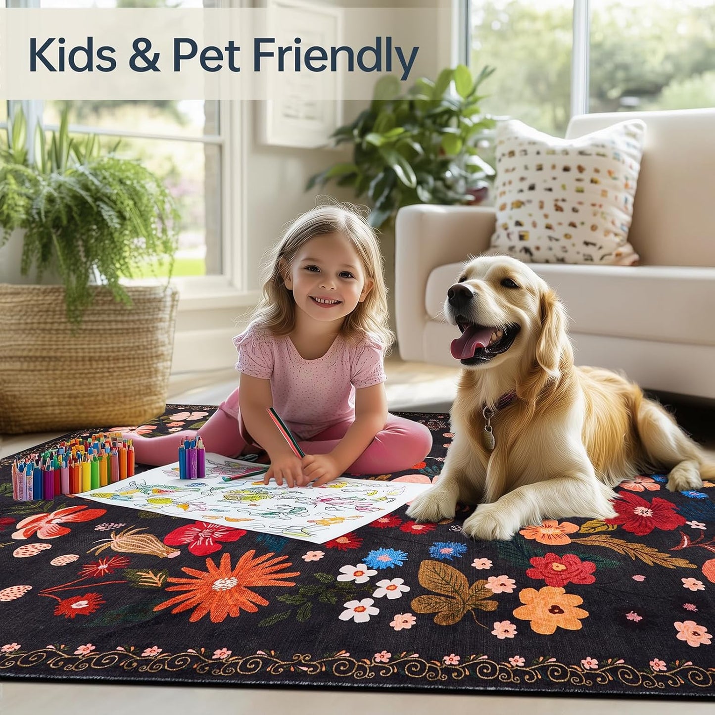 Area Rugs 3x5 for Living Room Machine Washable Soft Faux Fur Black Small Carpet Rug Low Pile Non Slip Stain Resistant Vintage Boho Floral Rugs for Bedside Indoor Entrance Nursery Study Room