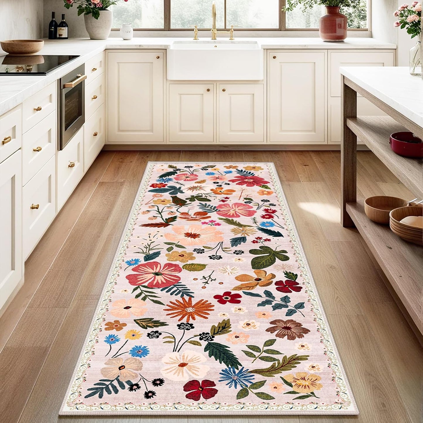 2x6 Runner Rugs for Hallways Non Slip with Rubber Backing Stain Resistant Area Rug Washable Beige Boho Floral Ultra-Thin Carpet Rugs Indoor for Entryway Kitchen Bedroom Laundry Bathroom Stairwell
