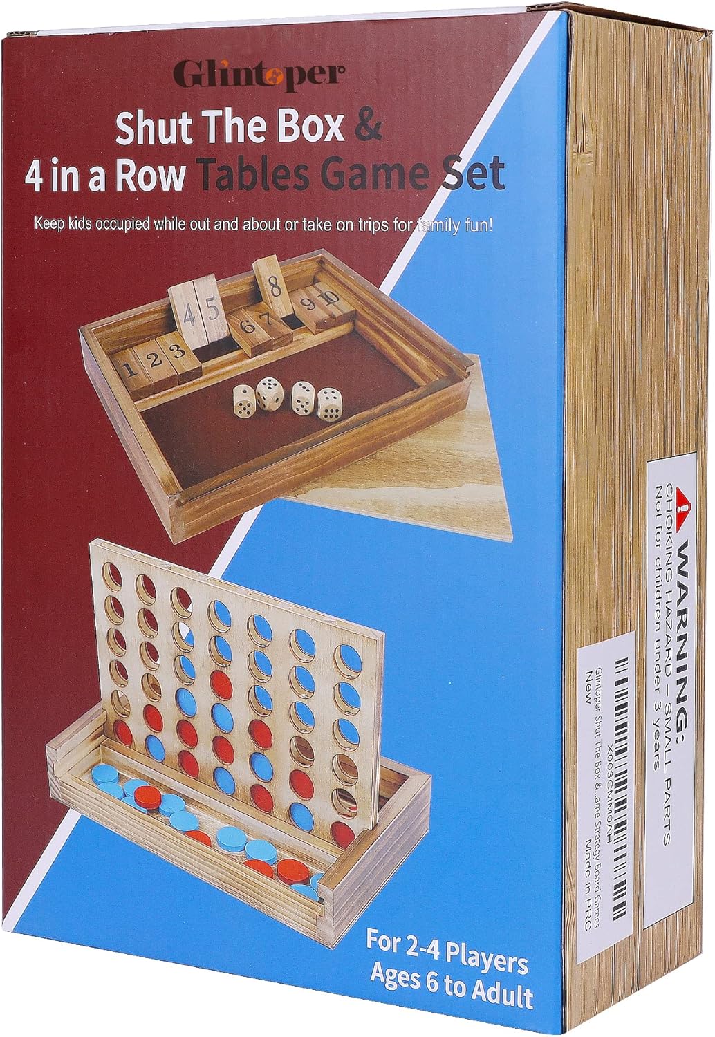 Glintoper Shut The Box & 4 in a Row Tables Game Set, Classic Wood Dice Game with Numbers & Line Up 4 Game for Kids Family, Living Room Rustic Coffee Table Decor, Travel Game Strategy Board Games