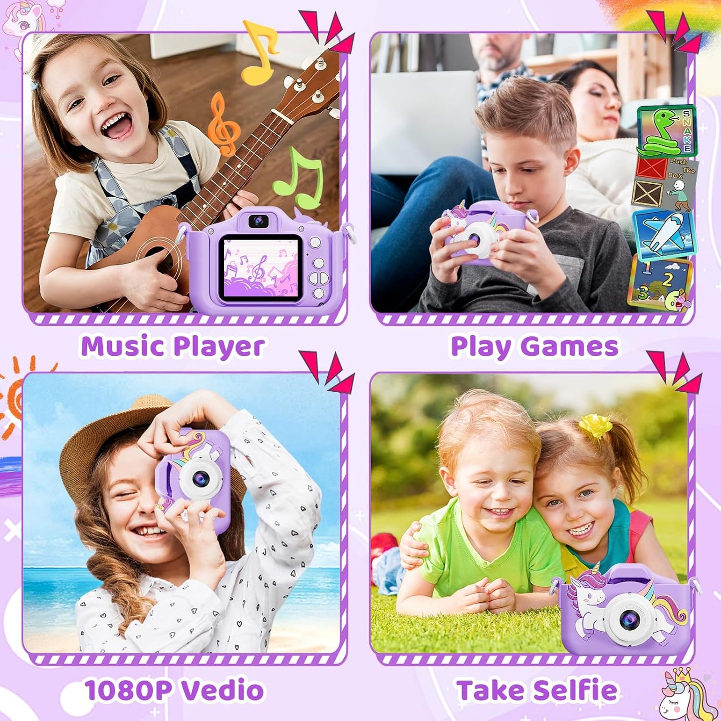 Kids Camera, Toys for Toddlers Age 3-8 Year Old Girl Christmas Birthday Gifts, Children Digital Camera with Cartoon Soft Silicone Cover and 32GB Card (Violet)