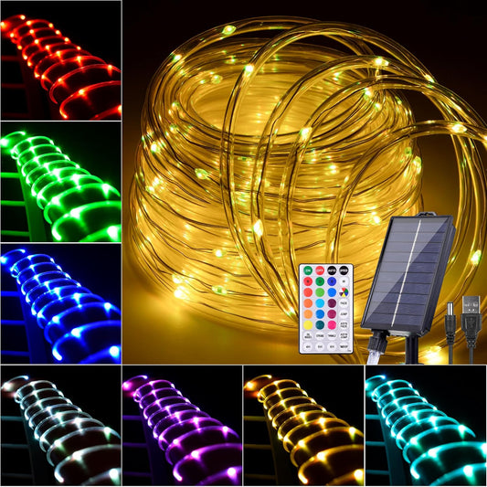 49FT Solar Rope Lights Outdoor Waterproof, 18 Colors Changing 150 LEDs Fairy String Lights USB & Solar Powered with Remote, Multicolor Tube Light for Outside Trampoline Yard Christmas Decor