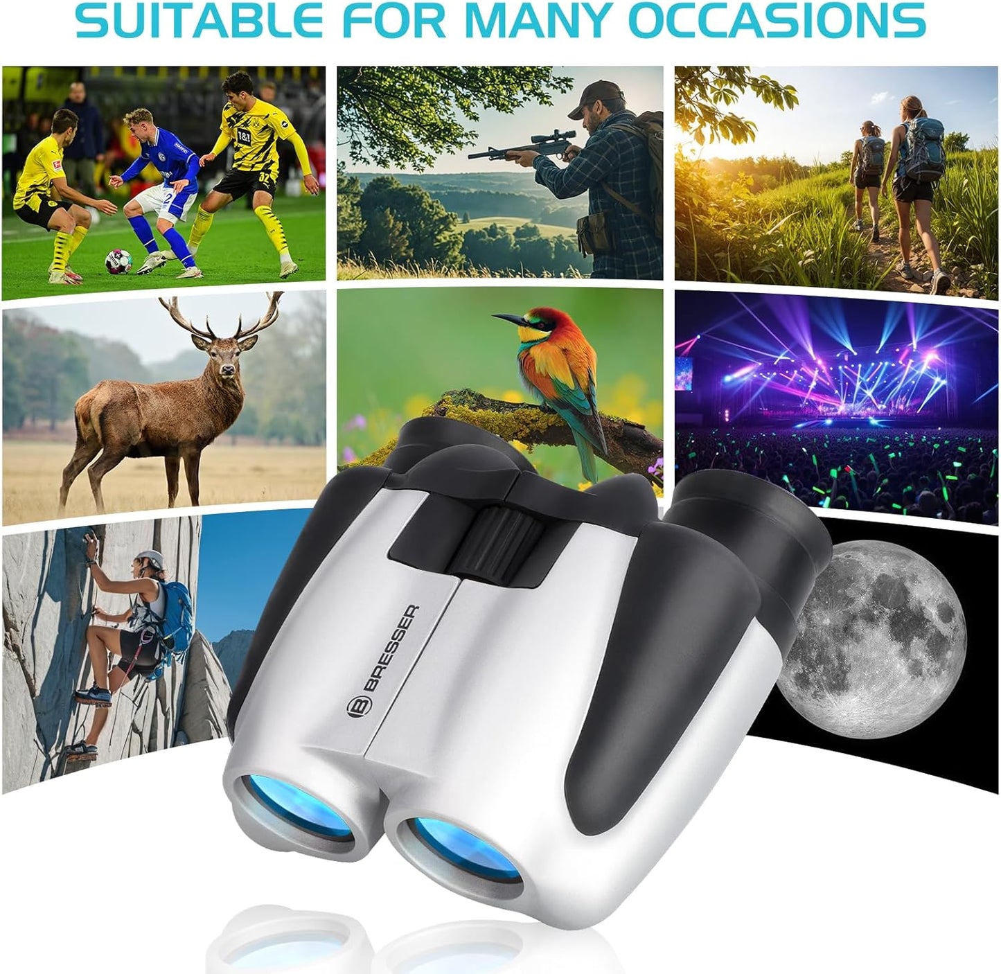 BRESSER 10x25 Binoculars for Adults and Kids, Folding Compact Binocular with Weak Light Vision, Lightweight Small Binoculars for Bird Watching, Travel, Concerts, Hunting, Hiking (White)