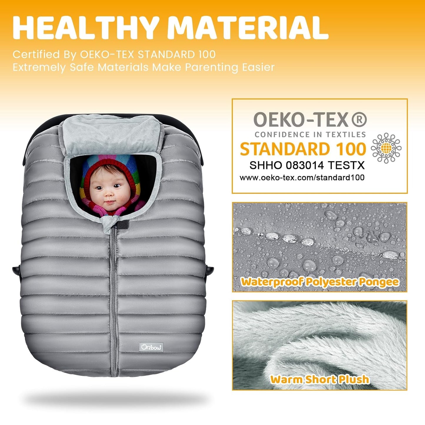 Orzbow Winter Car Seat Cover - Baby Car Seat Cocoon Cover for Boys & Girls, Warm Carseat Canopy Cover to Protect Baby from Wind, Rain & Snow, Waterproof, Universal Fit for Infant Car Seat, Light Grey