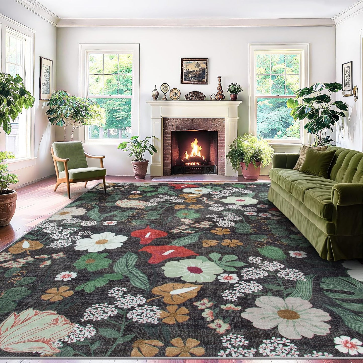 9x12 Area Rug for Living Room: Vintage Floral Washable Rug Soft Boho Non Slip Carpet Large Indoor Floor Non Shedding Low Pile Thin Carpets for Bedroom Dining Room Farmhouse Nursery Home Office Green