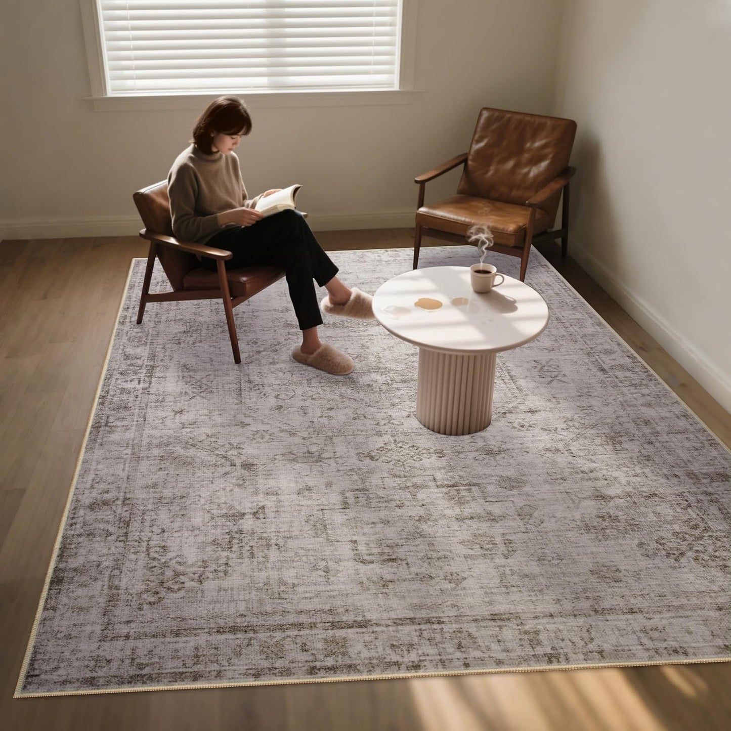 6x9 Washable Area Rug for Living Room, Non-Slip Distressed Rugs for Bedroom Dinning Room, Ultra-Thin Indoor Non-Shedding Vintage Print Carpet for Farmhouse, Home Office, Dorm Light Taupe/Cream