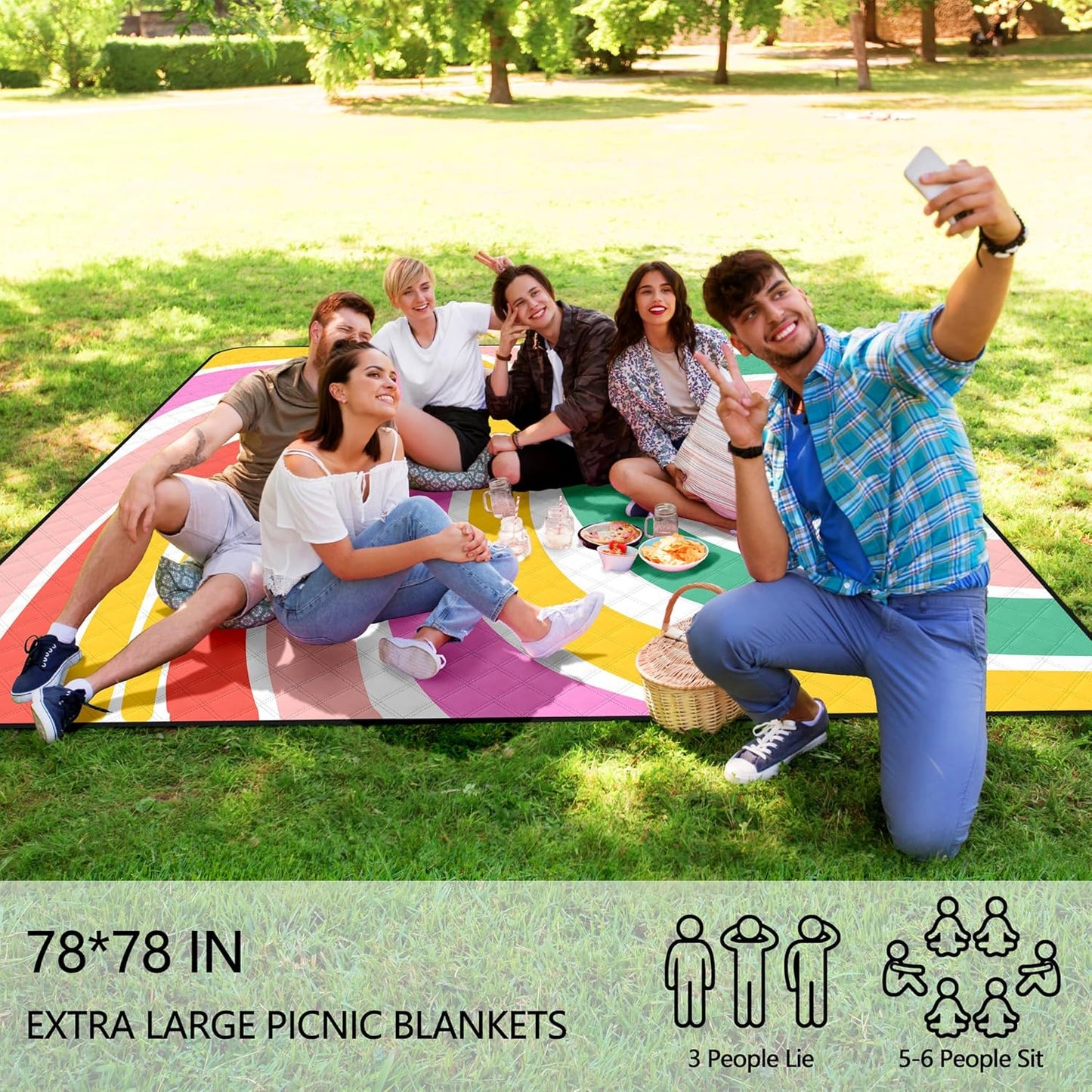 ADecor Picnic Blankets, 79" x 79" Large Beach Blanket Waterproof Sandproof, Foldable Lightweight Portable Picnic Mat Beach Vacation Essentials for Park, Camping, Hiking, Travel, Grass Lawn