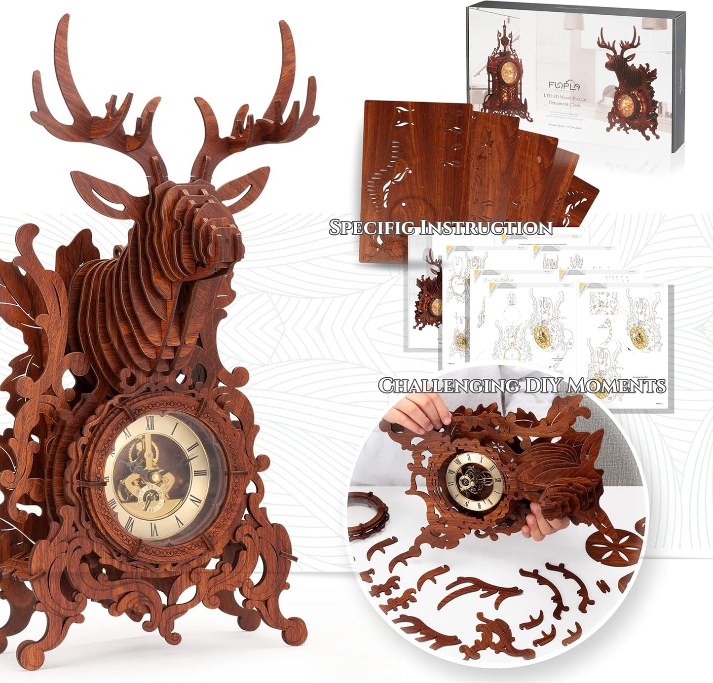 LED 3D Wood Puzzle Deer Clock, 3D Wooden Puzzle Elk Clock Building Model, Home Décor 3D Wooden Puzzle for Adults/Teens Christmas Gift(Wood, Yellow Light)