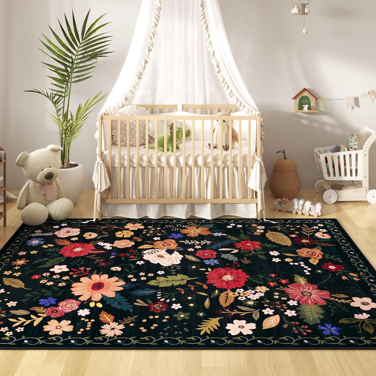 5x7 Washable Rug for Living Room, Floral Black Area Rug, Non Slip Low Pile Soft Flower Carpet, Large Rugs for Bedroom, Dining Room, Office, Kids Playroom, Nursery