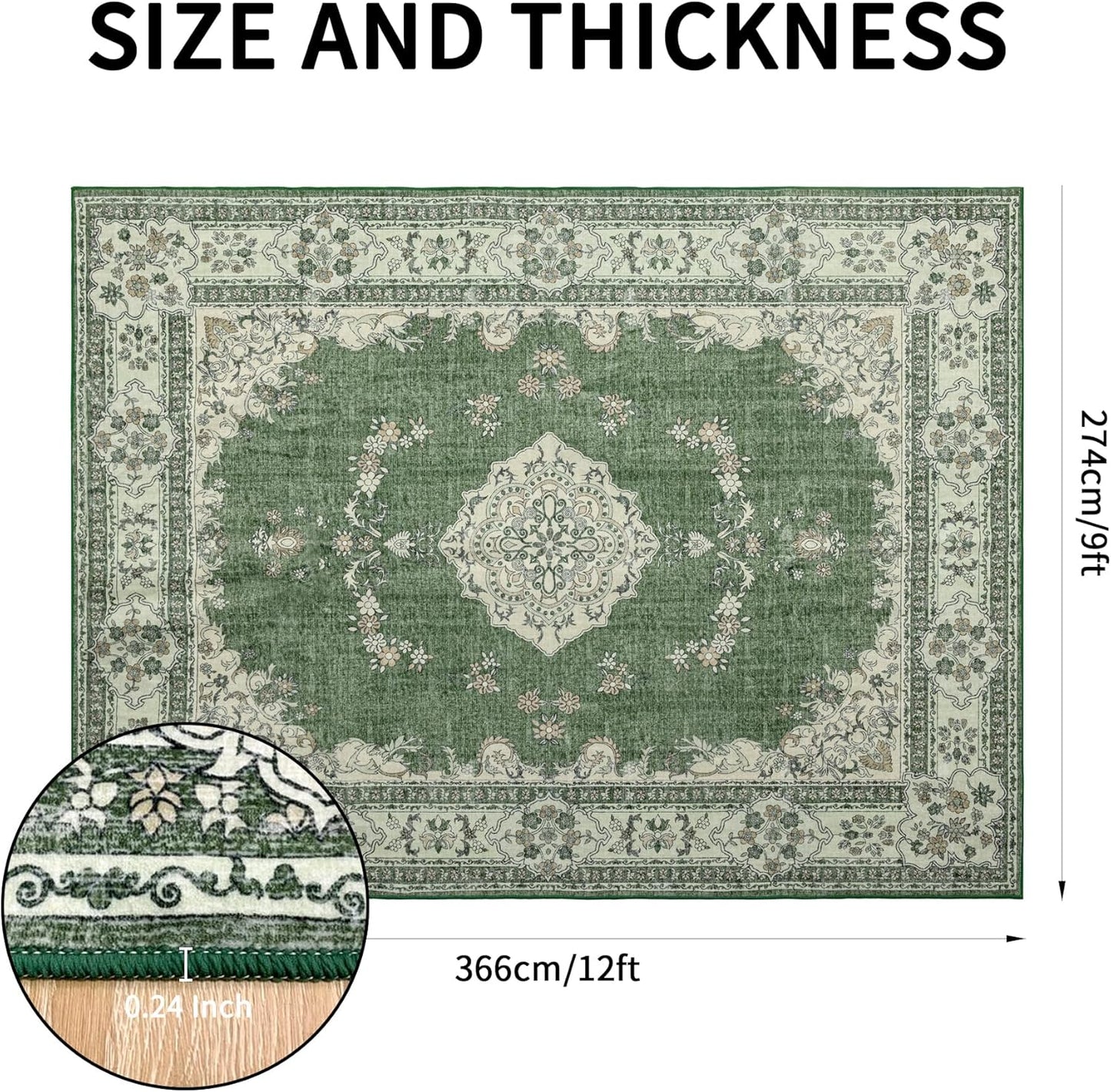 9x12 Area Rug Washable: Oriental Soft Area Rug for Living Room Bedroom No Shedding - Low Pile Thin Carpet Rug for Dining Room Non Slip - Boho Vintage Rug for Home Decor - Olive Green