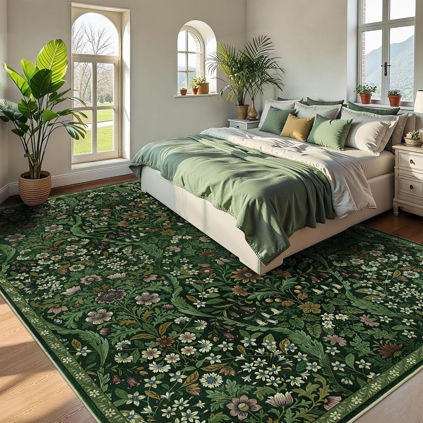 8x10 Washable Area Rug for Living Room, Large Vintage Dark Green Floral Rugs, Soft Non-Slip Stain Resistant Boho Lightweight Carpet for Bedroom Dining Room Nursery Home Office