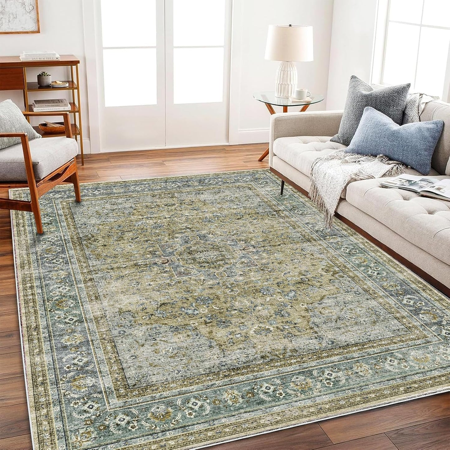Area Rug 5'x7' Washable Rug Vintage Traditional Floor Cover Thin Retro Kitchen Indoor Distressed Non Slip Carpet for Living Room Bedroom Dining Room