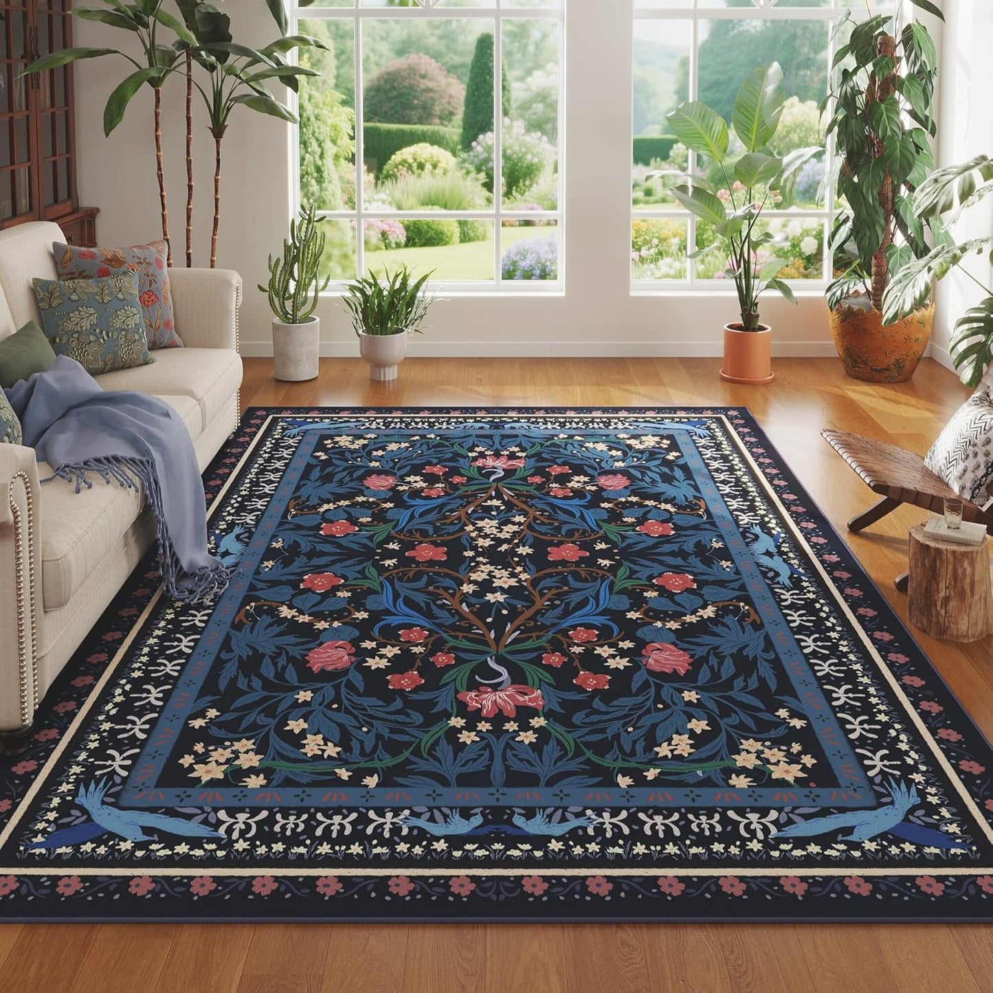 5x7 Washable Rug Vintage Floral Botanical Area Rug Non Slip Low Pile Large Rugs for Living Room, Bedroom, Farmhouse, Dining Room, Kids Playroom, Blue