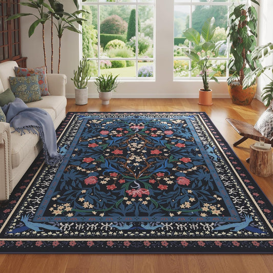 Area Rugs 8x10 for Living Room Clearance Washable Vintage Floral Botanical Rug Non Slip Low Pile Large Rug for Bedroom, Farmhouse, Dining Room, Kids Playroom, Blue
