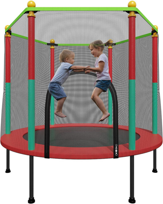 55IN Trampoline for Kids - Indoor/Outdoor Play with Enclosure Net - Easy to Assemble Recreational Trampoline - Red