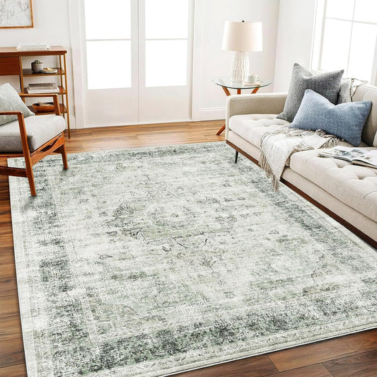 Area Rug 5'x7' Washable Rug Floral Green Vintage Traditional Floor Cover Thin Retro Kitchen Indoor Distressed Non Slip Carpet for Living Room Bedroom Dining Room