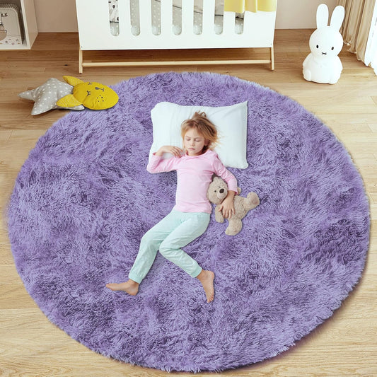 4FT Round Rug for Bedroom: Fluffy Shag Soft Washable Rugs Circle Small Fuzzy Plush Indoor Carpet for Living Room Nursery Playroom Dorm Kids Girls Boys Room (Purple, 4'x4')