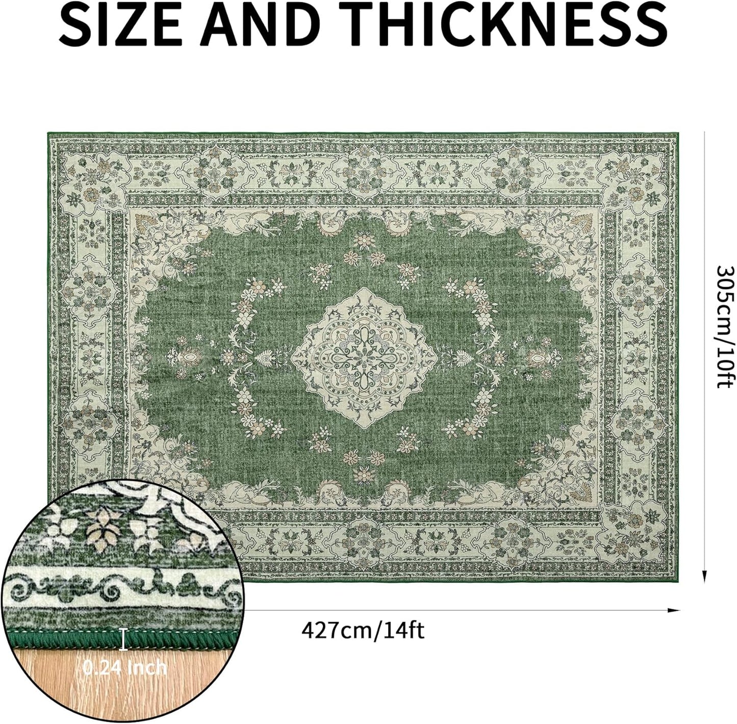 10x14 Area Rug Washable: Oriental Soft Area Rug for Living Room Bedroom No Shedding - Low Pile Thin Carpet Rug for Dining Room Non Slip - Boho Vintage Rug for Home Decor - Olive Green