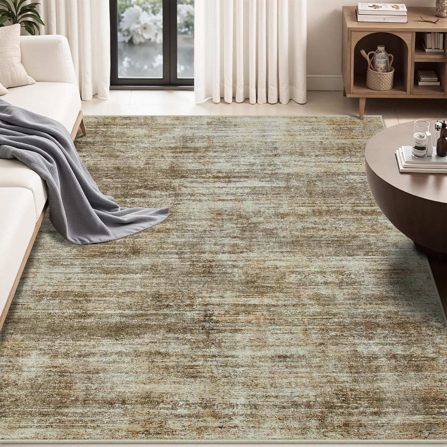 Area Rug 5x7 Living Room Rugs: Abstract Large Washable Rugs with Non-Slip Backing, Thin Carpet for Dining Room Table Bedroom Nursery Indoor Home Office-Brown