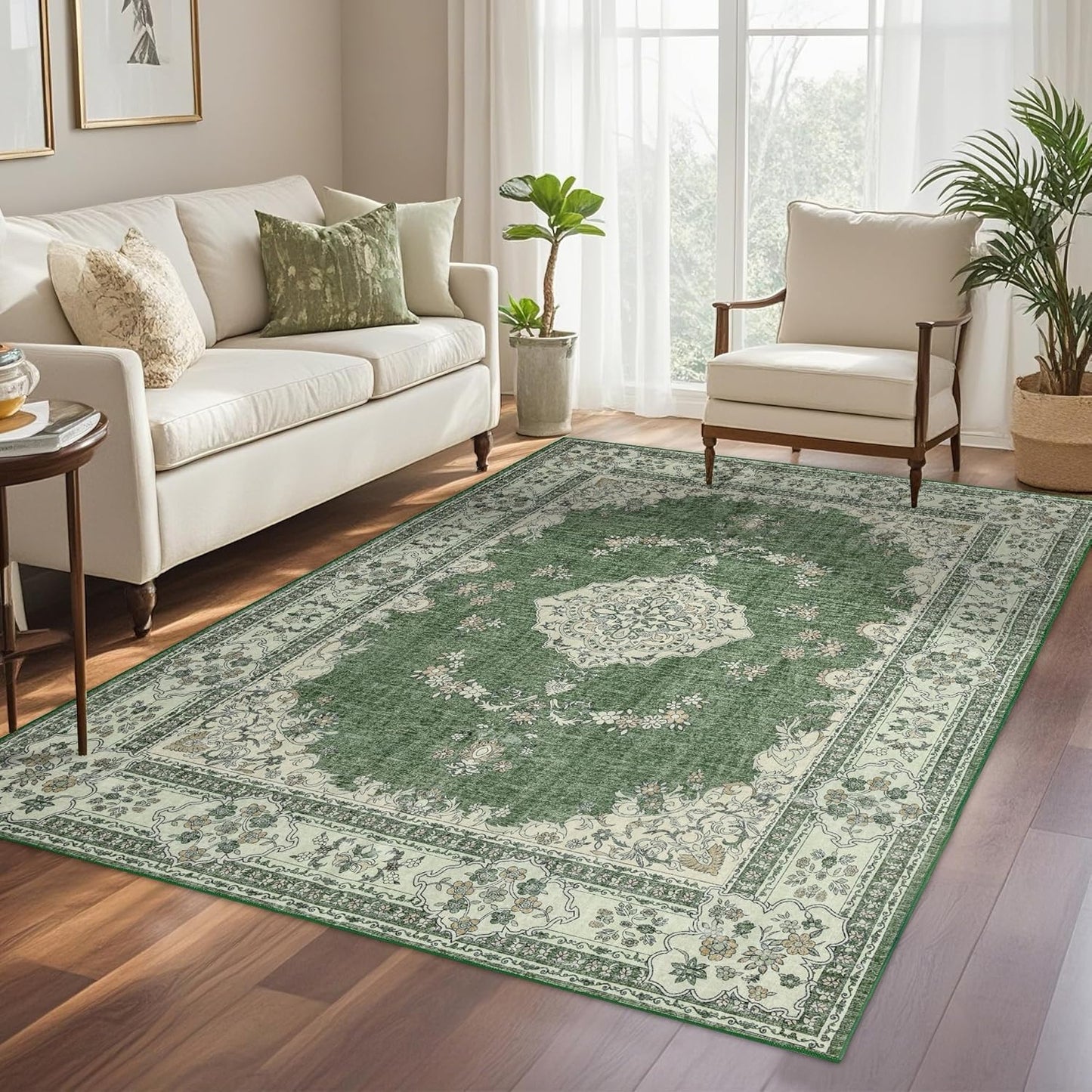 6x9 Area Rugs Washable: Oriental Soft Area Rug for Living Room Bedroom No Shedding - Low Pile Thin Carpet Rug for Dining Room Non Slip - Boho Vintage Rug for Home Decor - Olive Green
