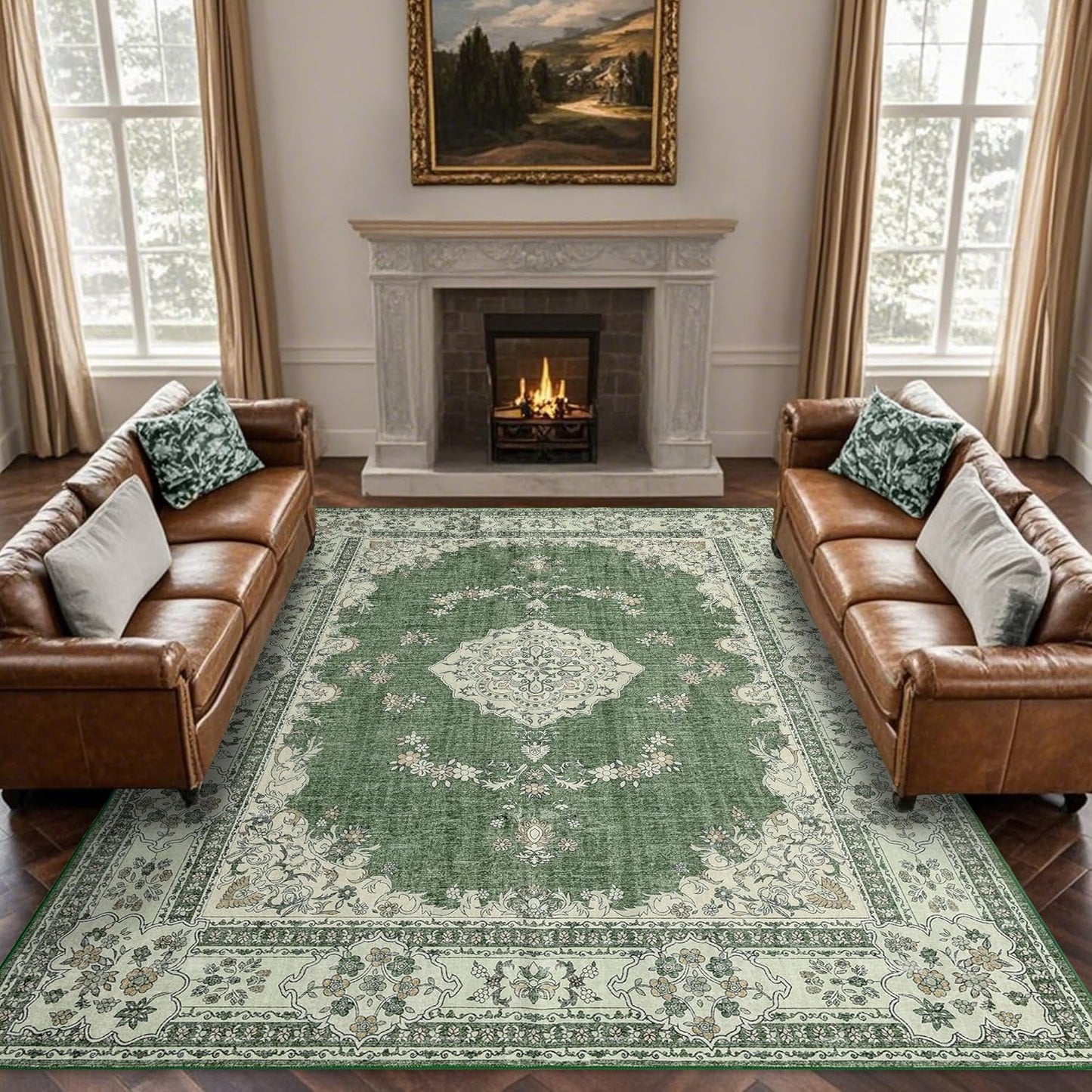 9x12 Area Rug Washable: Oriental Soft Area Rug for Living Room Bedroom No Shedding - Low Pile Thin Carpet Rug for Dining Room Non Slip - Boho Vintage Rug for Home Decor - Olive Green