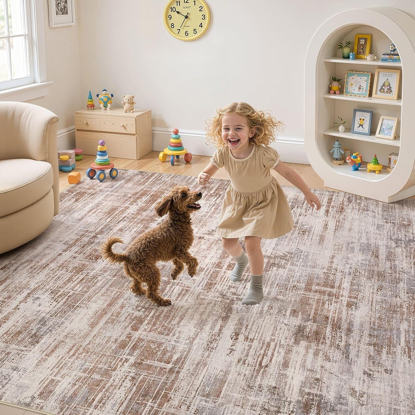 Area Rug for Living Room: 12x15 Washable Neutral Abstract Modern Soft Rugs Non Slip Indoor Floor Stain Resistant Large Carpet for Bedroom Dining Room Office Nursery - Red Brown