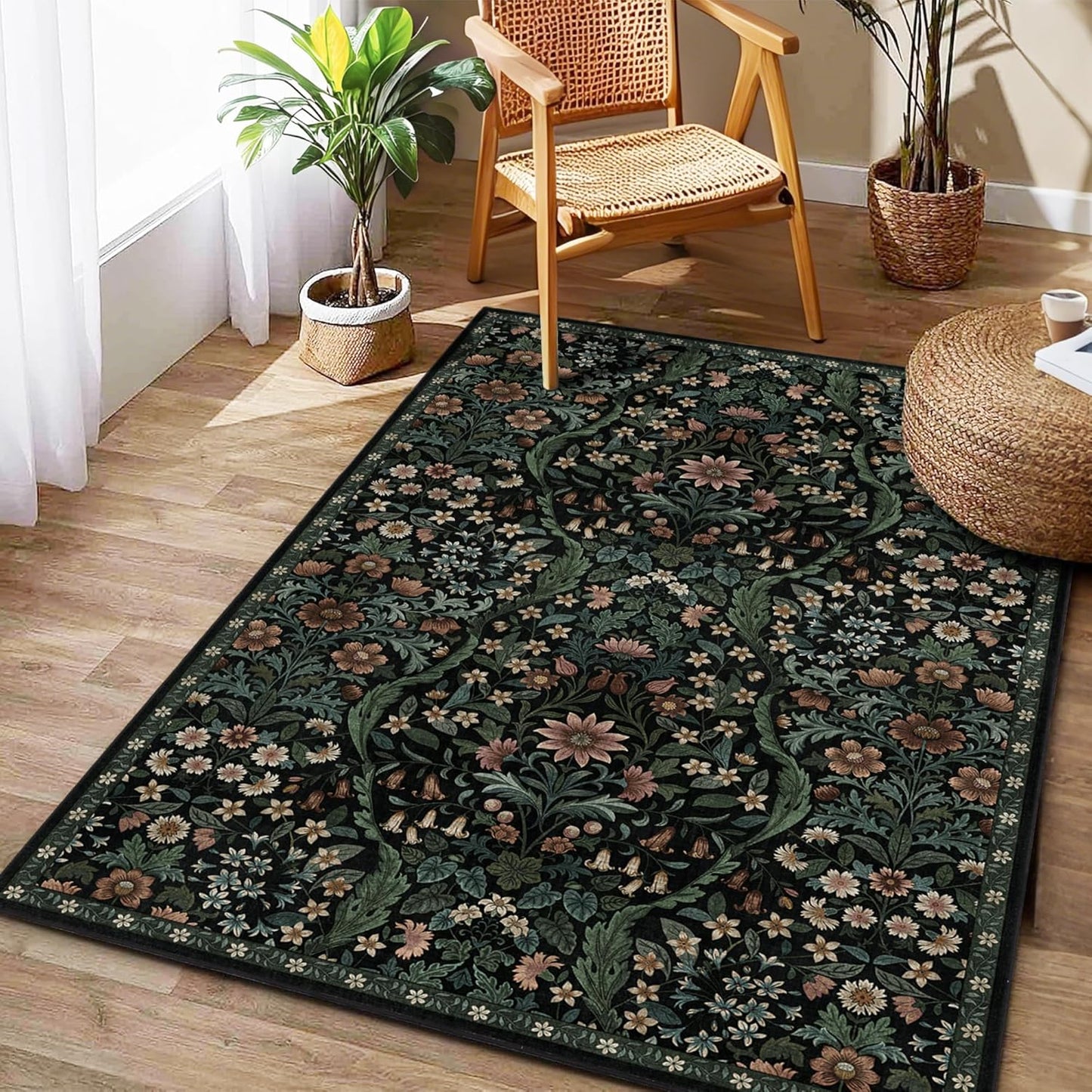 3x5 Black Boho Floral Vintage Area Rug,Soft Lightweight Low Pile Non-Shedding Carpet,Machine Washable Stain Resistant & Non-Slip for Entryway,Bedroom, Kids Room,Living Room