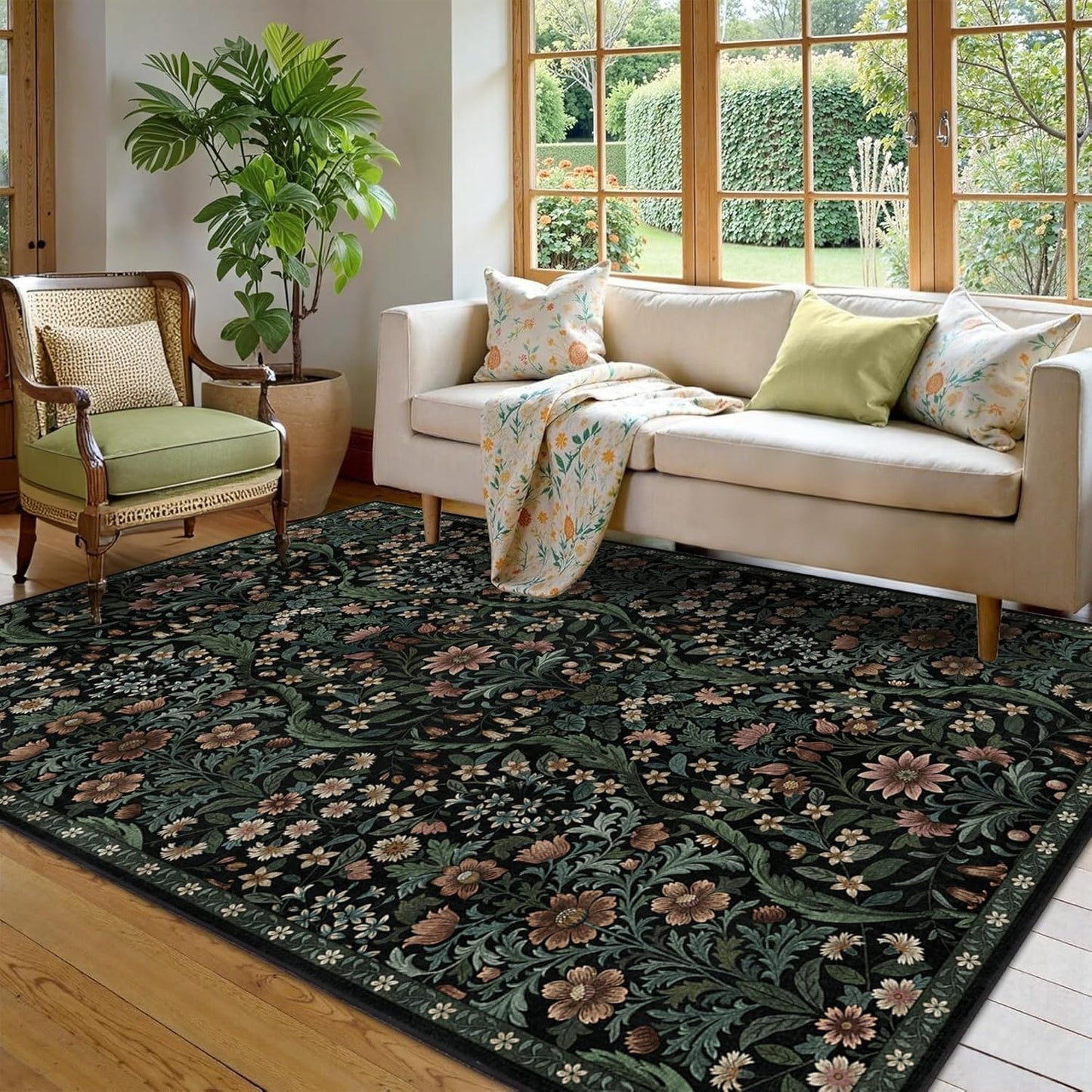 5×7 Black Washable Floral Area Rug,Vintage Boho Soft Low-Pile Living Room Rugs, Stain Resistant Botanical Non-Slip Carpet for Bedroom,Dining Room, Kids Nursery,Home Decor