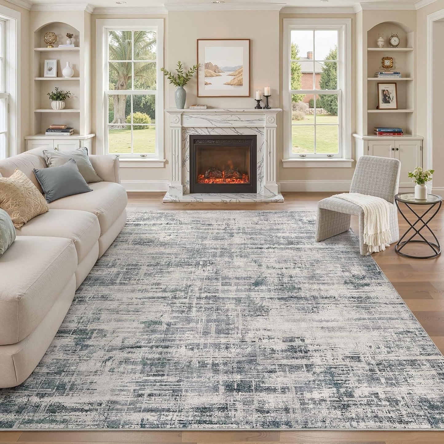 Area Rug for Living Room: 10x12 Washable Neutral Abstract Modern Soft Rugs Non Slip Indoor Floor Stain Resistant Large Carpet for Bedroom Dining Room Office Nursery - Gray