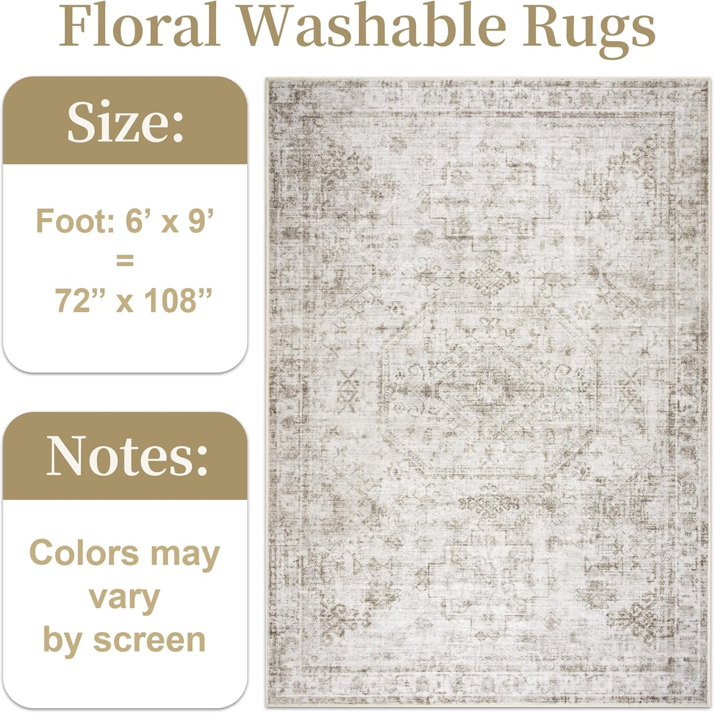 6x9 Washable Area Rug for Living Room, Non-Slip Distressed Rugs for Bedroom Dinning Room, Ultra-Thin Indoor Non-Shedding Vintage Print Carpet for Farmhouse, Home Office, Dorm Light Taupe/Cream