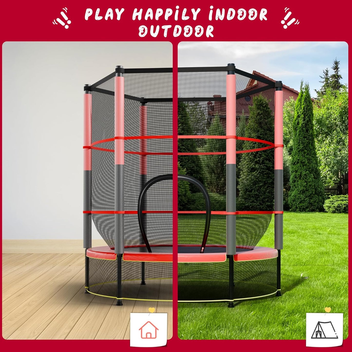 55IN Trampoline for Kids - Indoor/Outdoor Play with Enclosure Net - Easy to Assemble Recreational Trampoline - Red