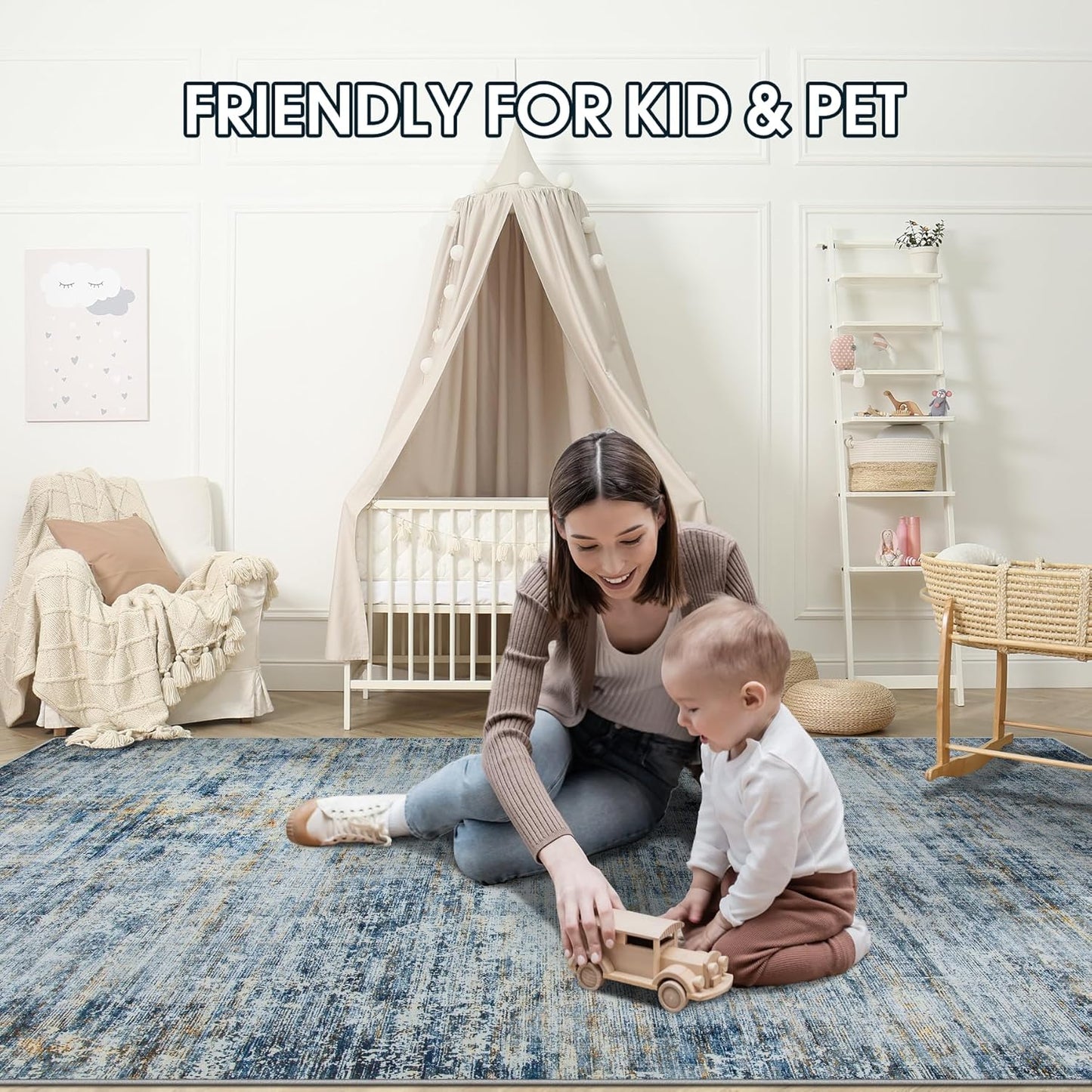 Area Rugs 8x10 Living Room Rugs: Large Modern Abstract Washable Rug with Non-Slip Backing, Thin Carpet for Dining Room Table Bedroom Nursery Indoor Home Office-Blue/Brown