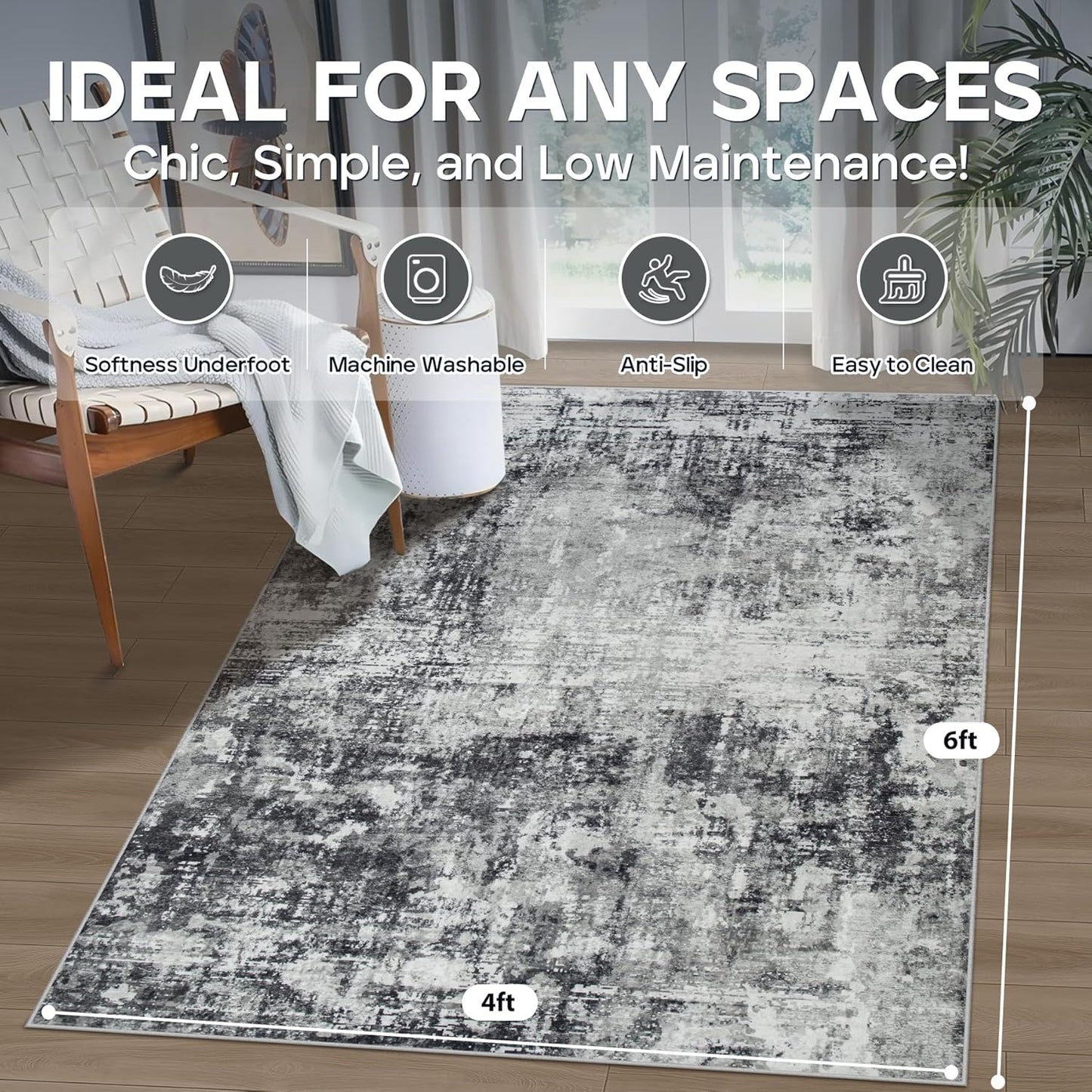 4x6 Area Rugs for Living Room Rug Washable: Modern Large Rug for Dining Room Bedroom Carpet Non Slip Low Pile 4 by 6 Indoor Abstract Nursery Home Office Black Grey