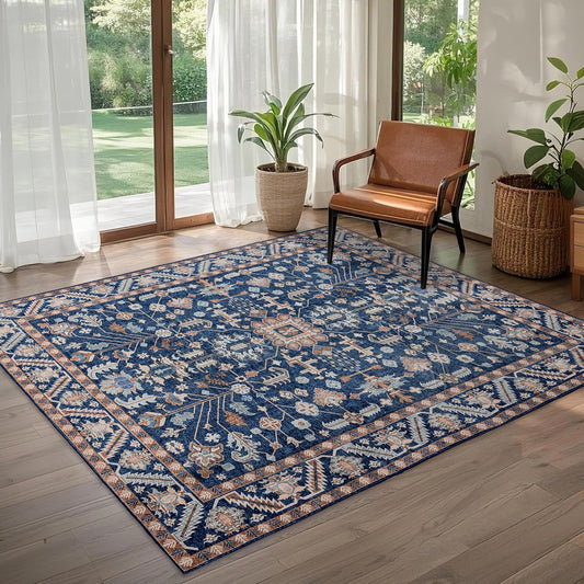 5x8 Area Rug Washable: Oriental Soft Area Rug for Living Room Bedroom No Shedding - Low Pile Thin Carpet Rug for Dining Room Non Slip - Boho Vintage Rug for Home Decor - Navy Blue