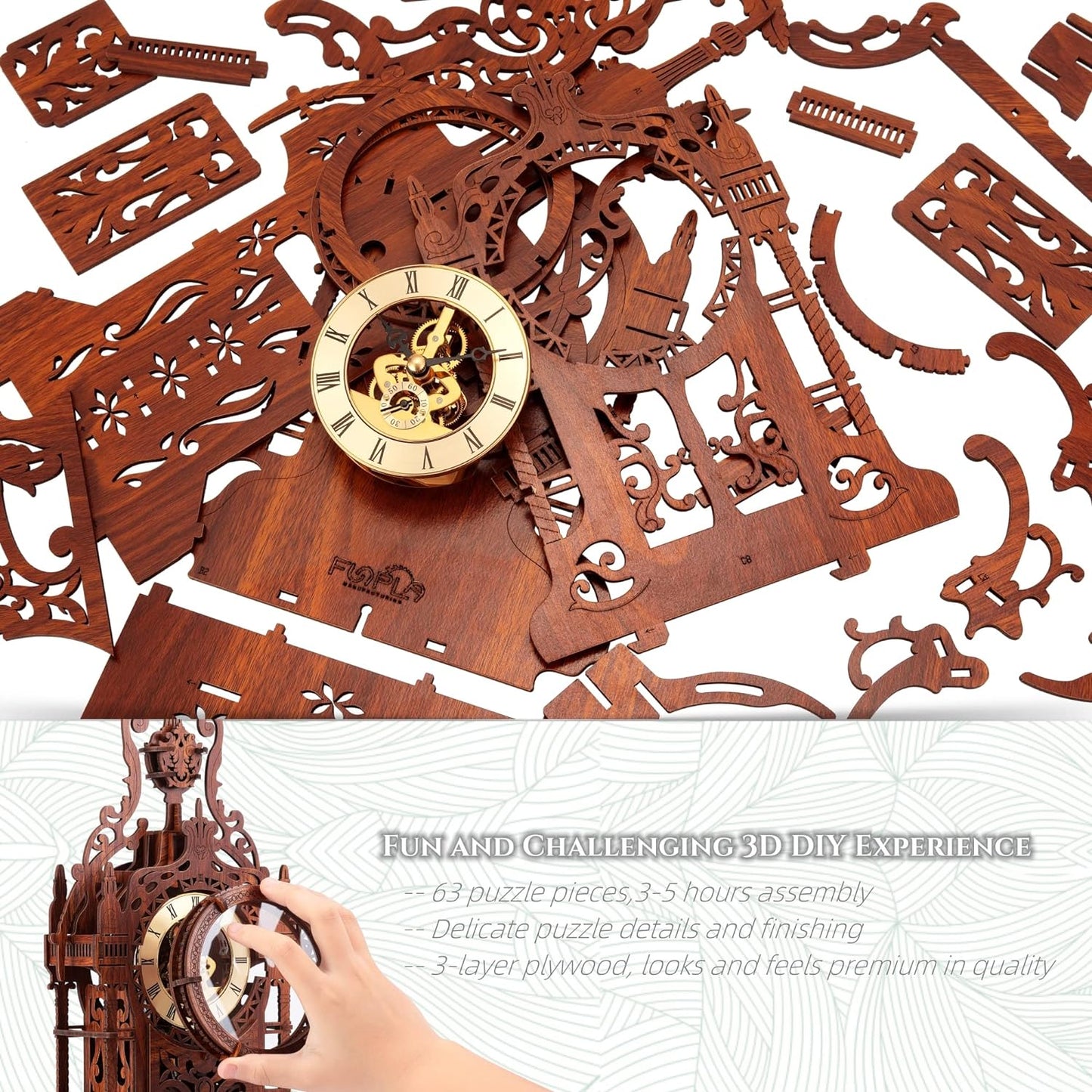 LED 3D Wood Puzzle Clock Tower, 3D Building Model, DIY 3D Clock Kit (LED-WTC02)