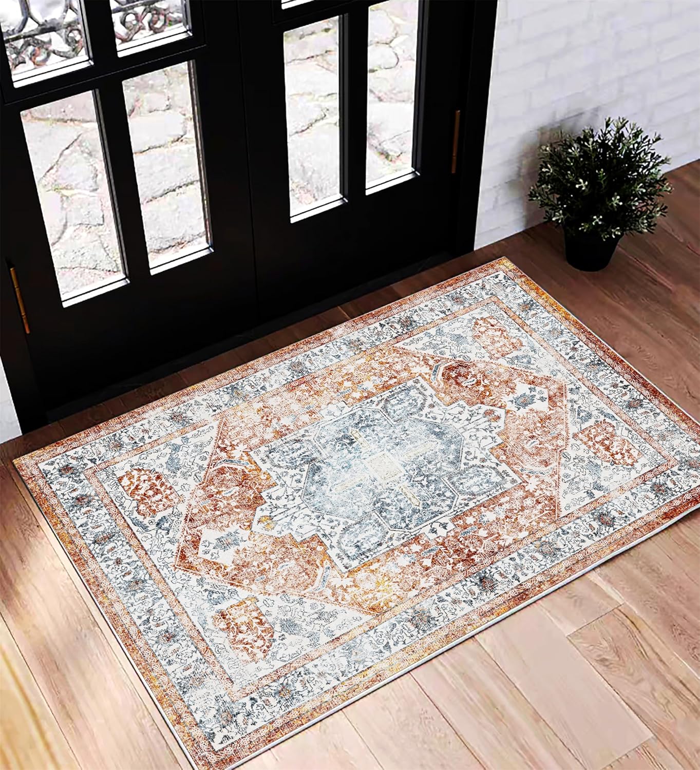 Area Rug 2x3 Washable Rug Door Mat Vintage Distressed Rug Doormat Indoor Entrance Traditional Thin Floral Print Non Slip Carpet for Kitchen Bathroom Bedroom Living Room